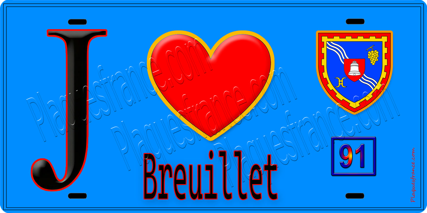 Plaque métal décorative J' ❤️Breuillet, Essonne (91) fond bleu