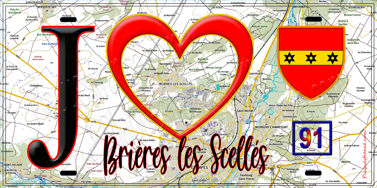 Plaque métal décorative J' ❤️Brières-les-Scellés, Essonne (91) fond carte