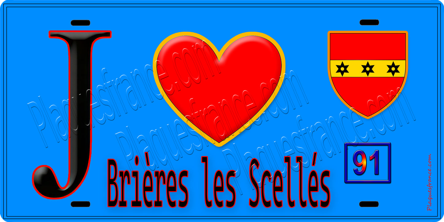 Plaque métal décorative J' ❤️Brières-les-Scellés, Essonne (91) fond bleu