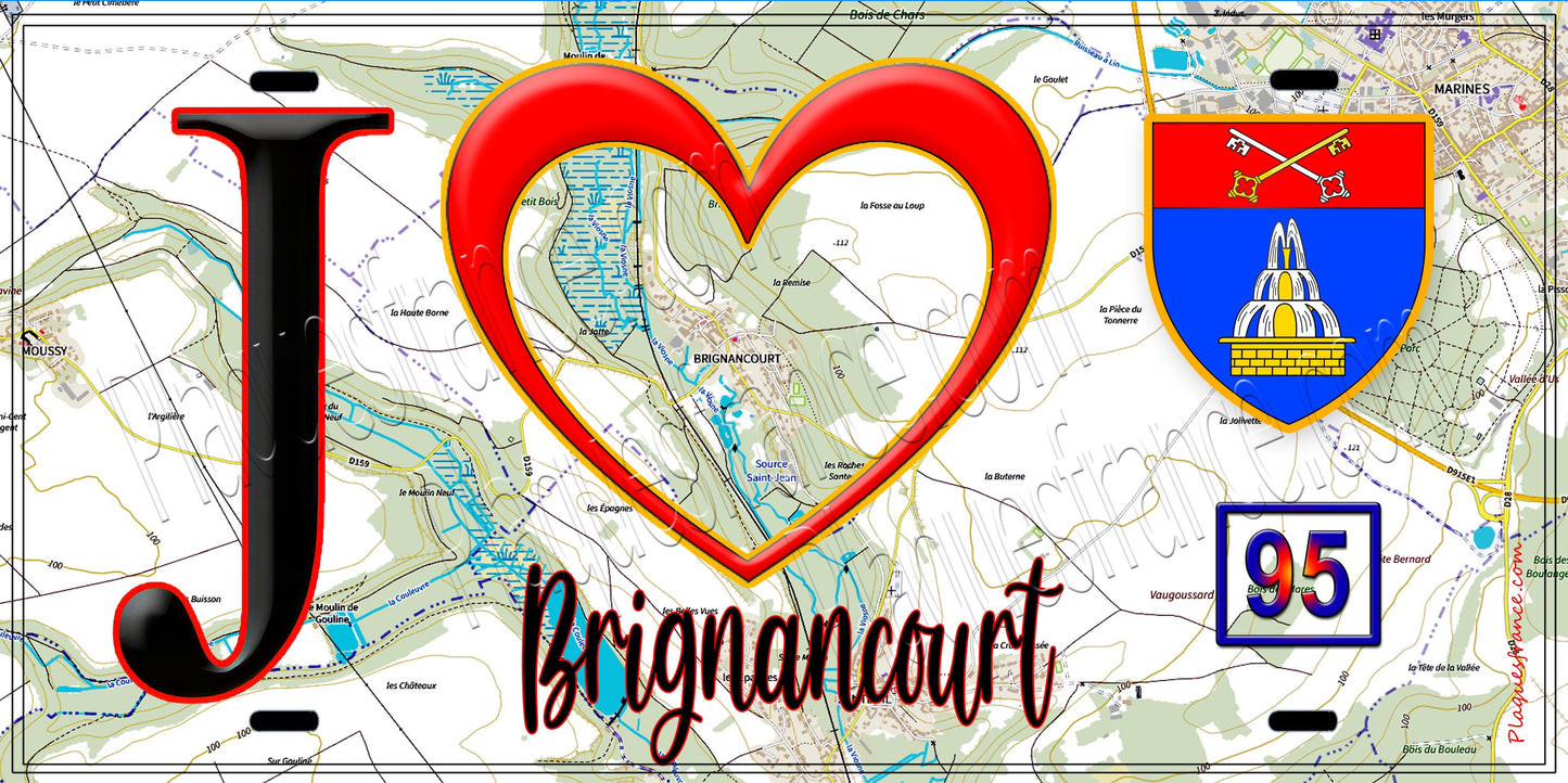 Plaque métal décorative J' ❤️Brignancourt, Val d'Oise (95) fond carte