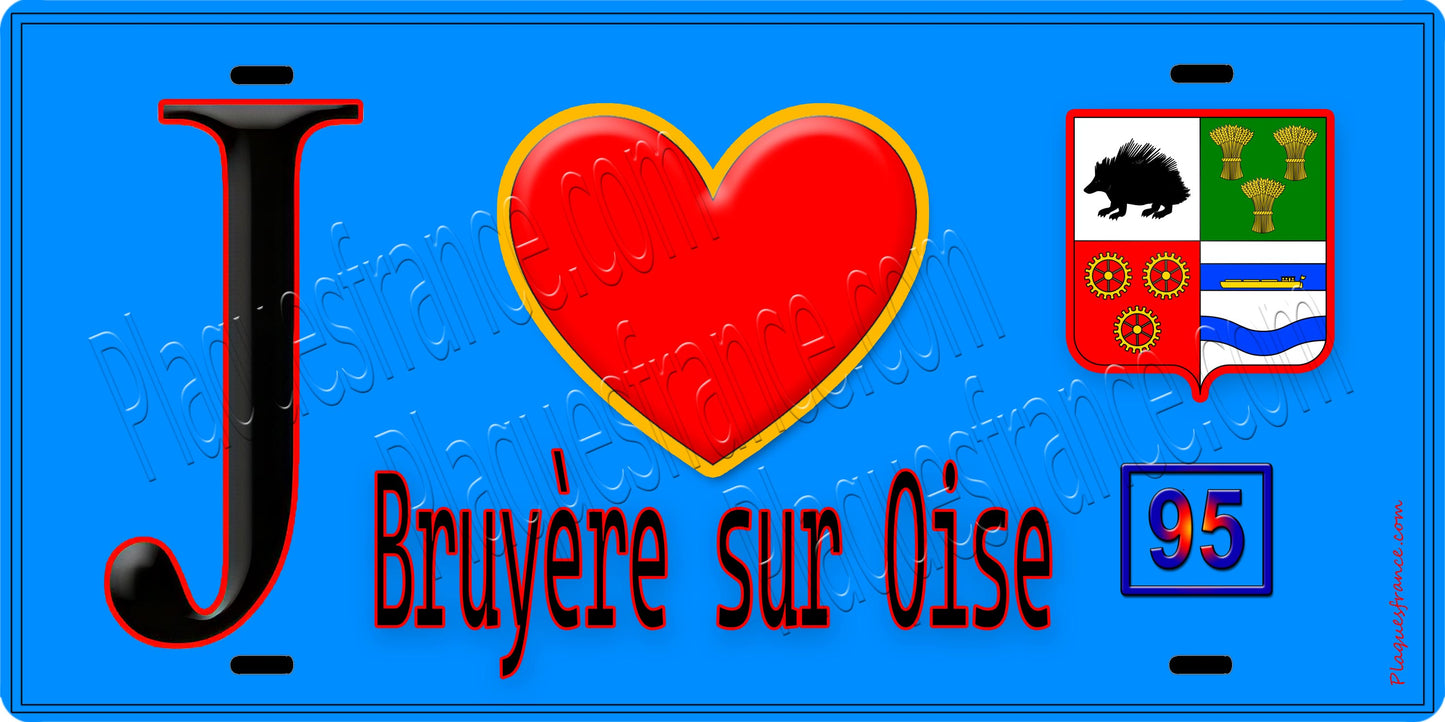 Plaque métal décorative J' ❤️Bruyères-sur-Oise, Val d'Oise (95) fond bleu