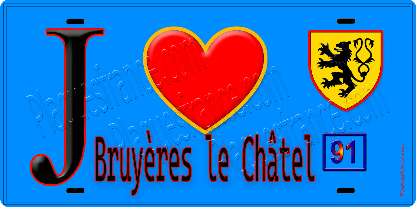 Plaque métal décorative J' ❤️Bruyères-le-Châtel, Essonne (91) fond bleu