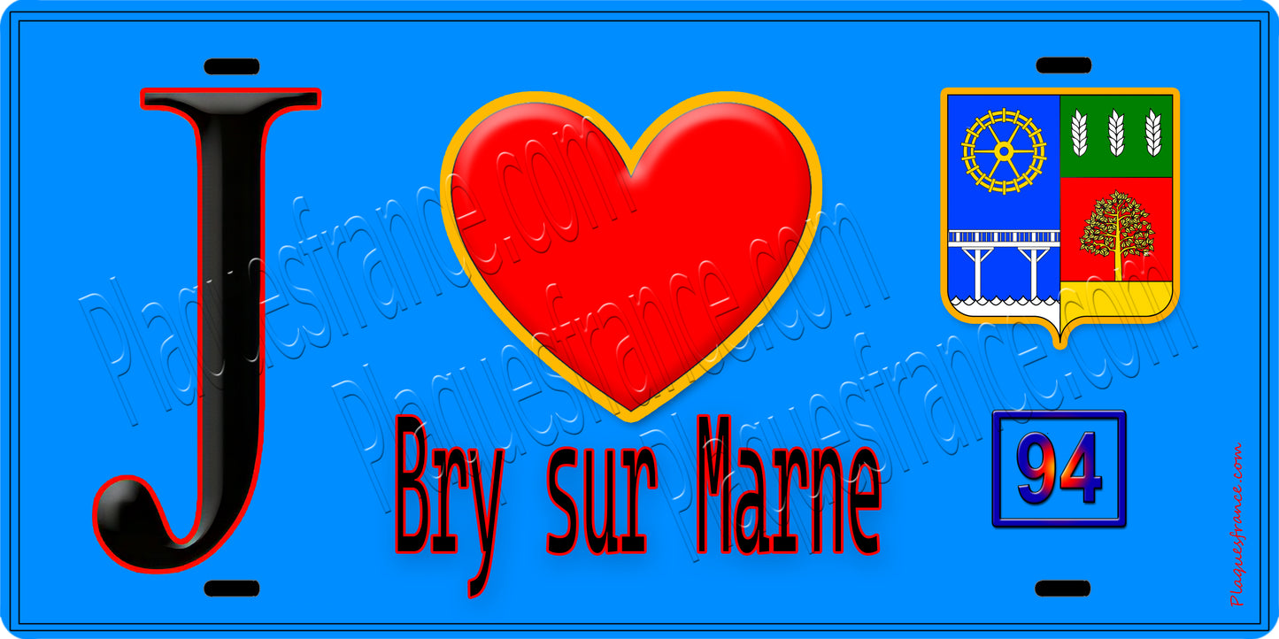 Plaque métal décorative J' ❤️Bry-sur-Marne, Val de Marne (94) fond bleu