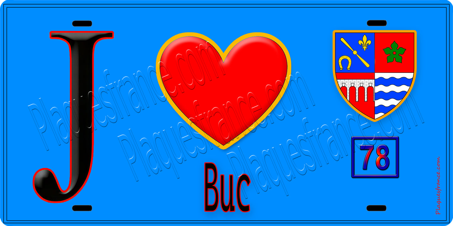 Plaque métal décorative J' ❤️ Buc, Yvelines (78) fond bleu