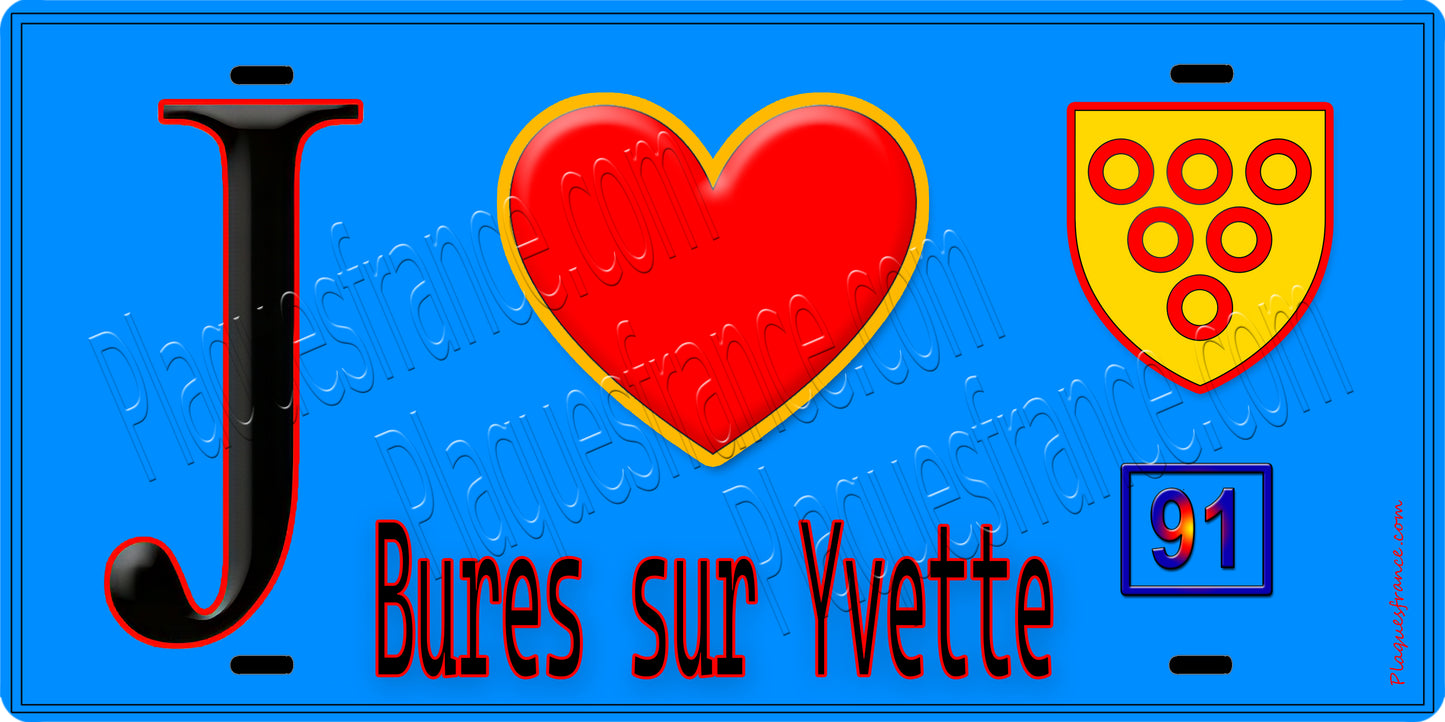 Plaque métal décorative J' ❤️Bures-sur-Yvette, Essonne (91) fond bleu