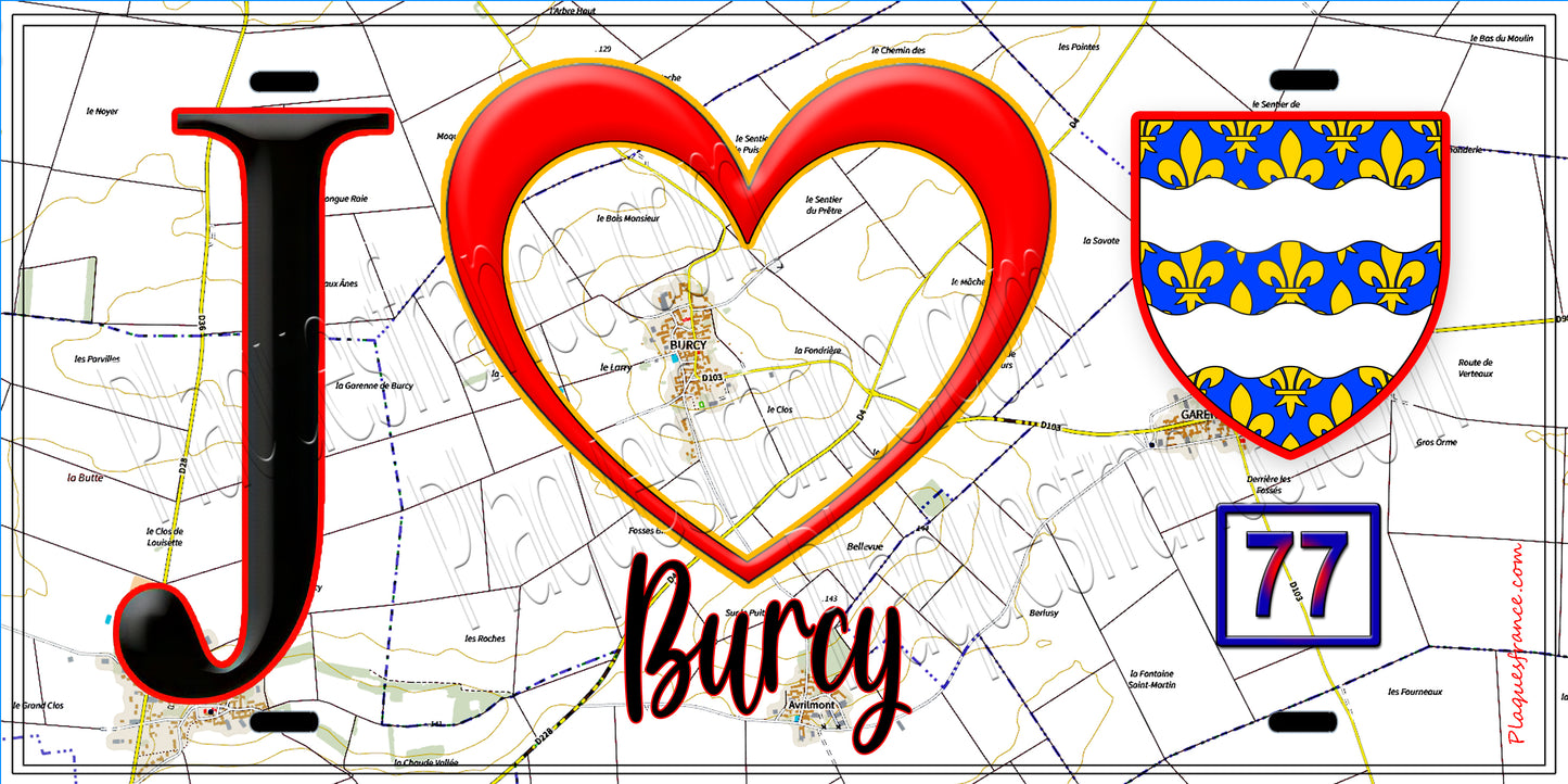 Plaque métal décorative J' ❤️Burcy, Seine et Marne (77) fond carte