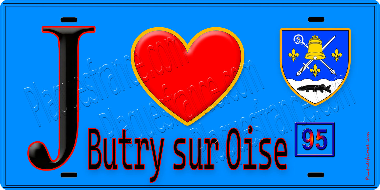 Plaque métal décorative J' ❤️Butry-sur-Oise, Val d'Oise (95) fond bleu