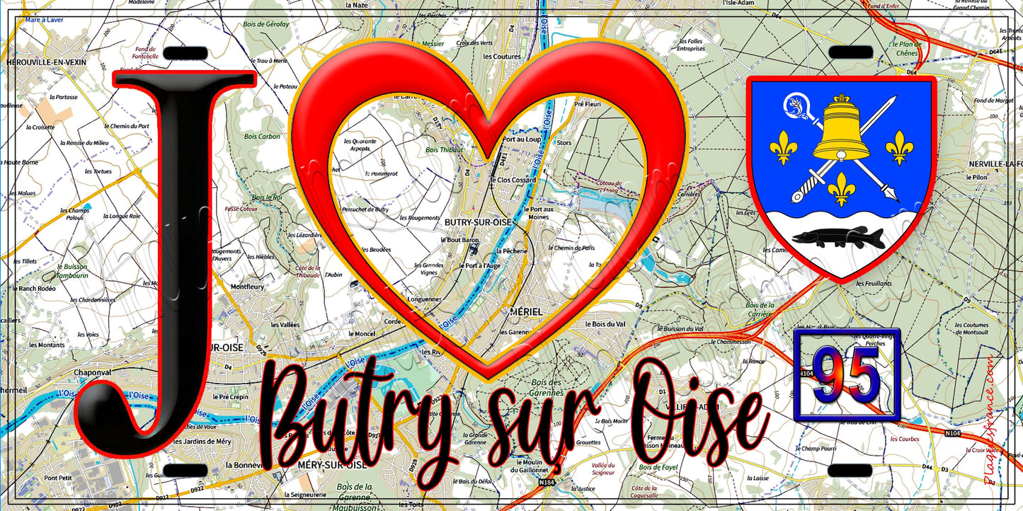 Plaque métal décorative J' ❤️Butry-sur-Oise, Val d'Oise (95)