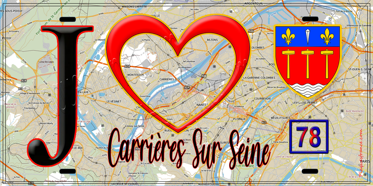 Plaque métal décorative J' ❤️ Carrières-sur-Seine, Yvelines (78) fond carte