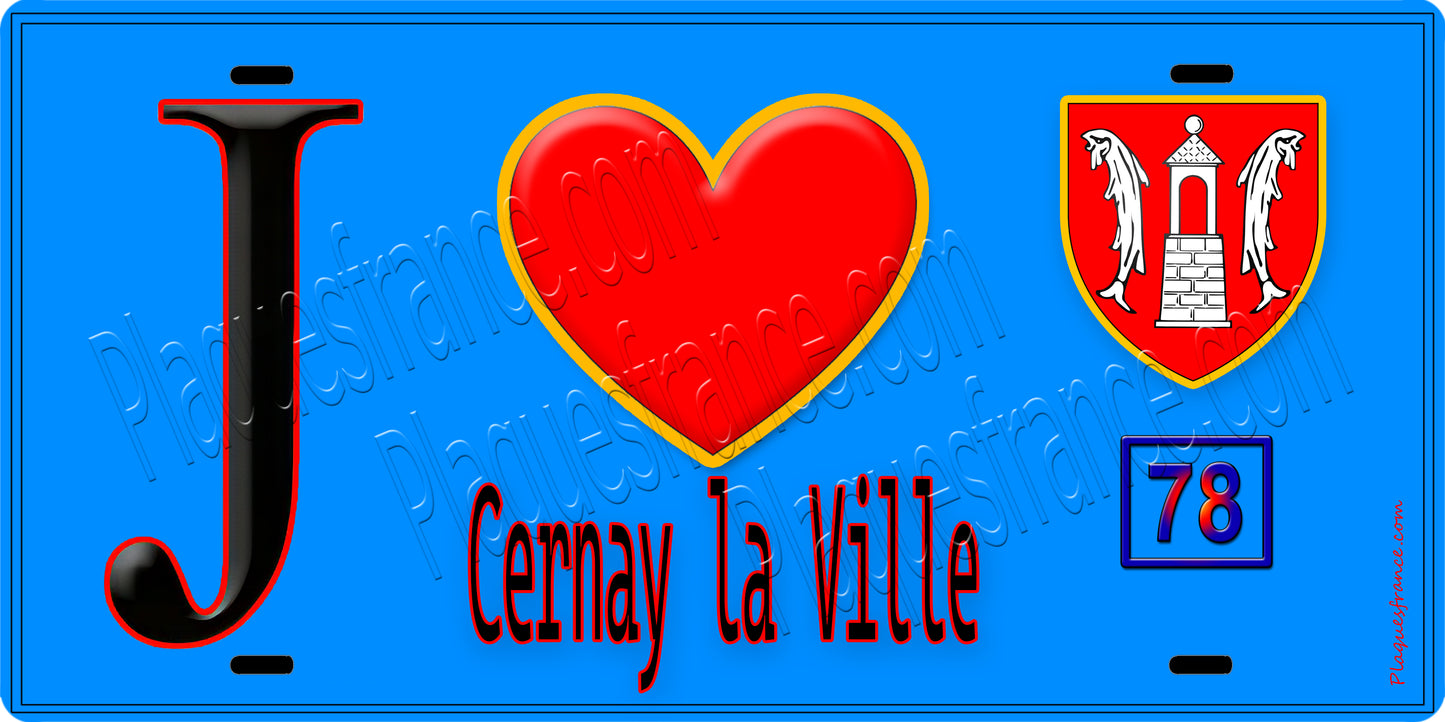 Plaque métal décorative J' ❤️ Cernay-la-Ville, Yvelines (78) fond bleu