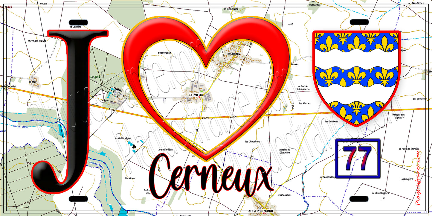 Plaque métal décorative J' ❤️Cerneux, Seine et Marne (77) fond carte