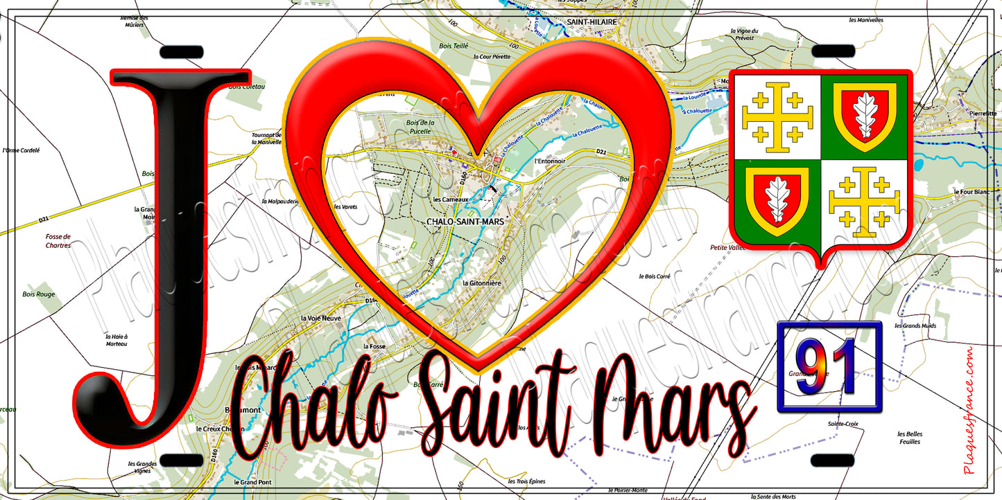 Plaque métal décorative J' ❤️Chalo-Saint-Mars, Essonne (91) fond carte