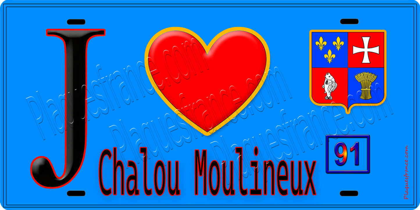 Plaque métal décorative J' ❤️Chalou-Moulineux, Essonne (91) fond bleu