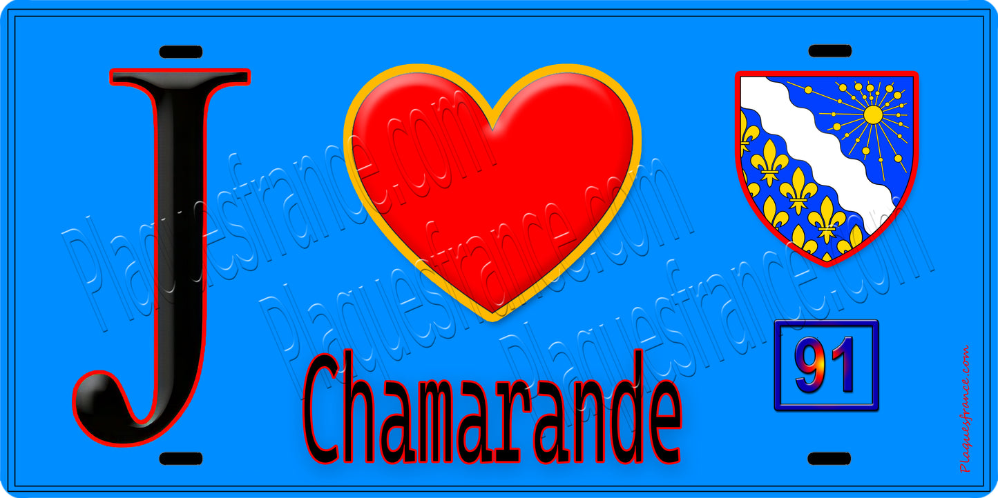 Plaque métal décorative J' ❤️Chamarande, Essonne (91) fond bleu