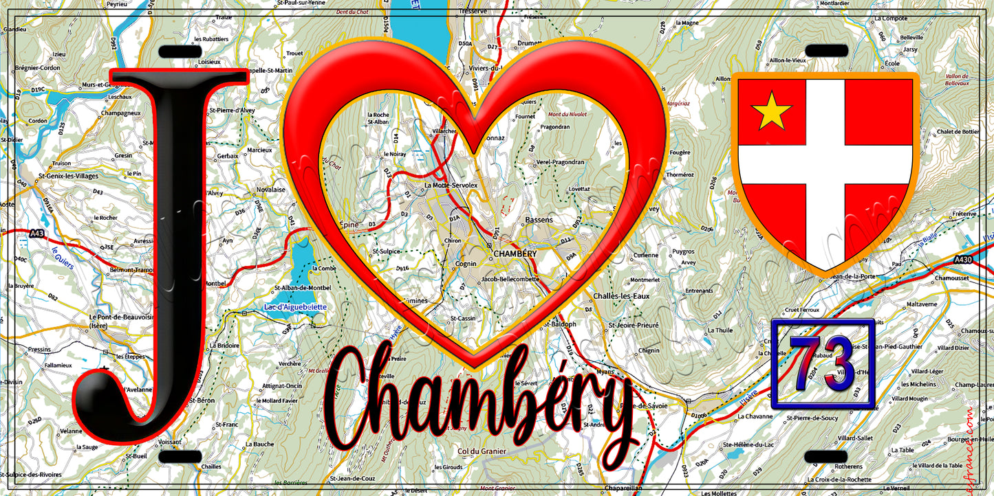 Plaque métal décorative J' ❤️ Chambéry, Savoie (73) fond carte