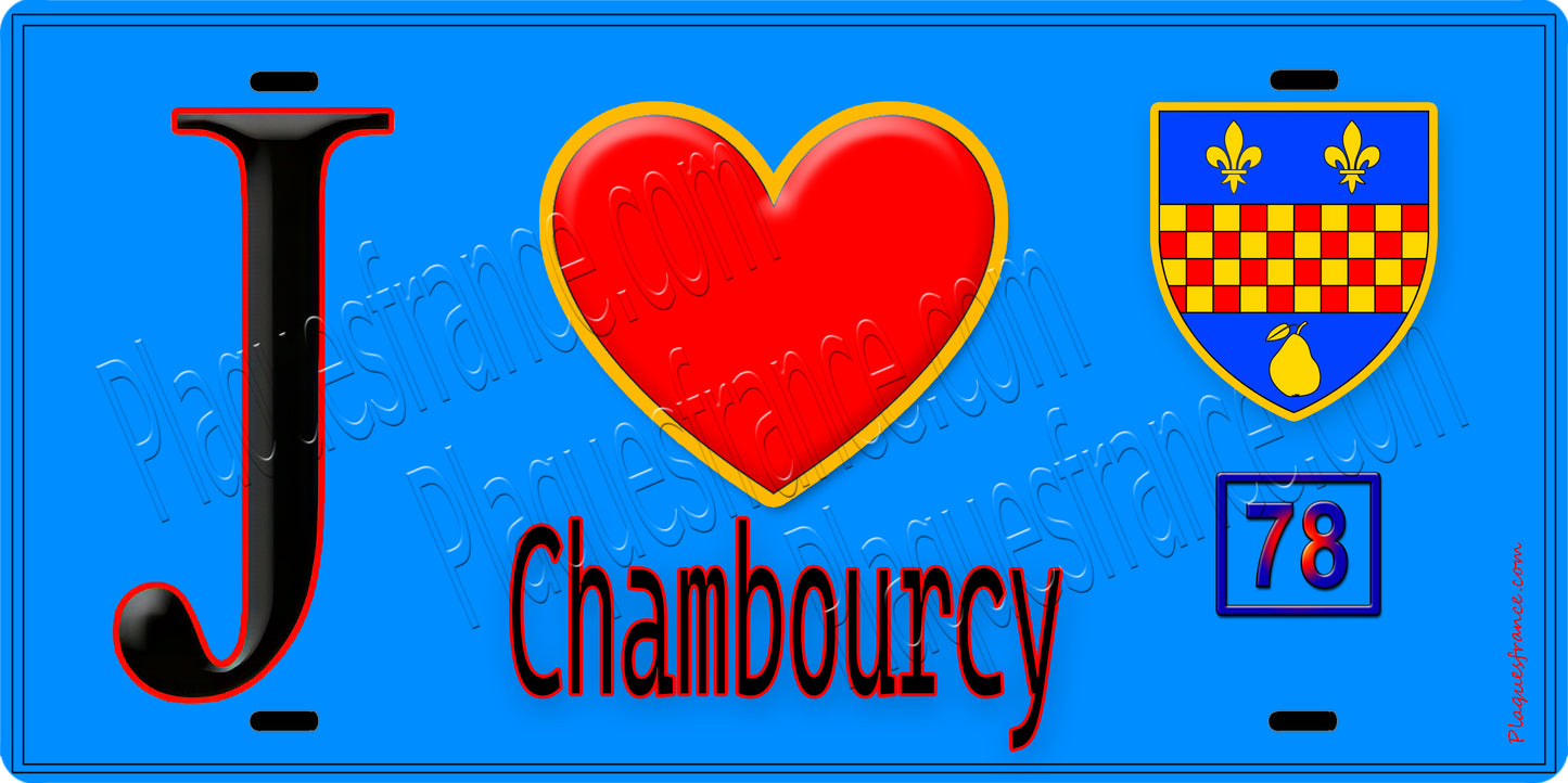 Plaque métal décorative J' ❤️ Chambourcy, Yvelines (78) fond bleu