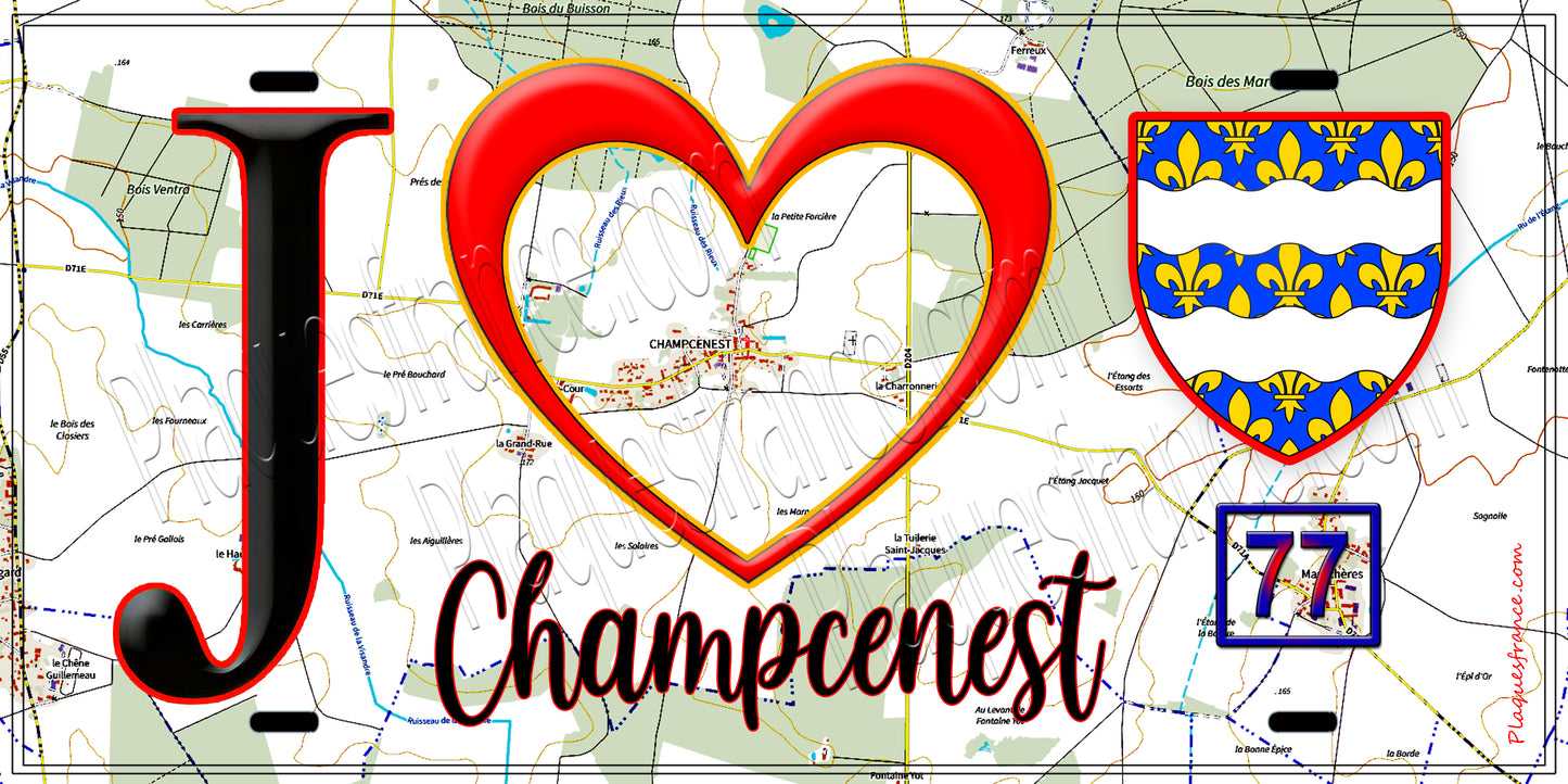 Plaque métal décorative J' ❤️Champcenest, Seine et Marne (77) fond carte