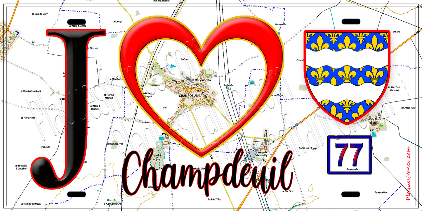 Plaque métal décorative J' ❤️Champdeuil, Seine et Marne (77) fond carte
