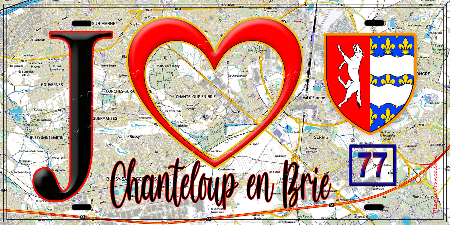 Plaque métal décorative J' ❤️Chanteloup-en-Brie, Seine et Marne (77) fond carte