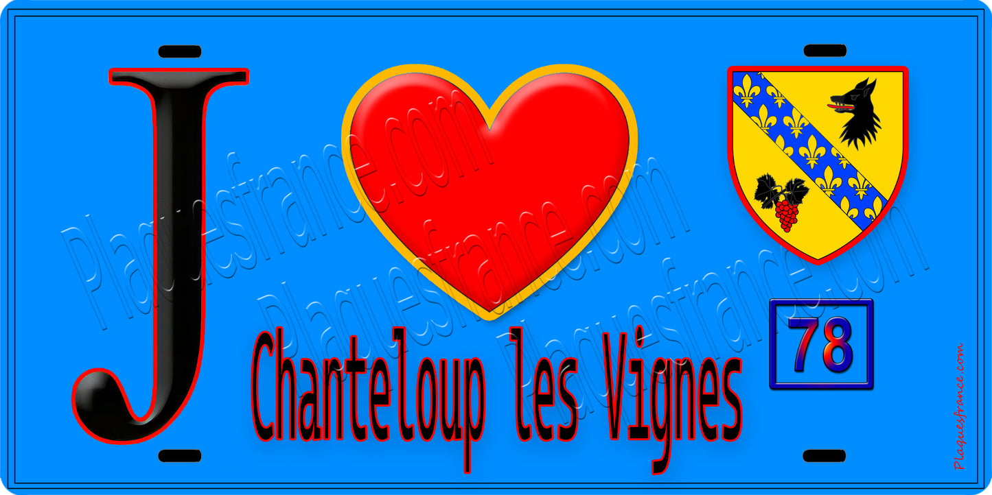 Plaque métal décorative J' ❤️ Chanteloup-les-Vignes, Yvelines (78) fond bleu