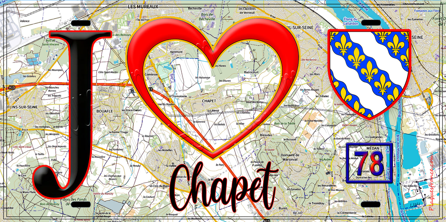 Plaque métal décorative J' ❤️ Chapet, Yvelines (78) fond carte