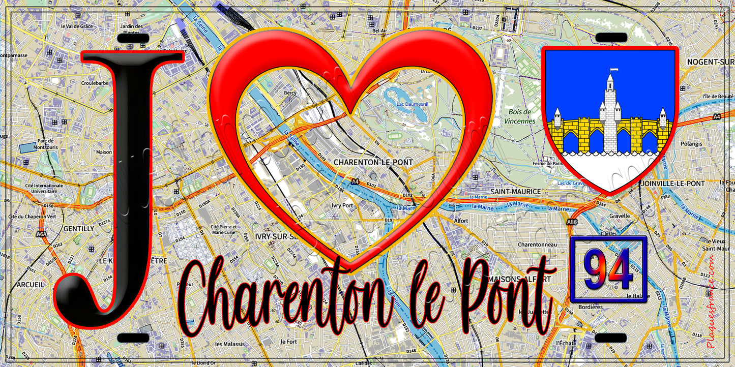 Plaque métal décorative J' ❤️Charenton-le-Pont, Val de Marne (94) fond carte