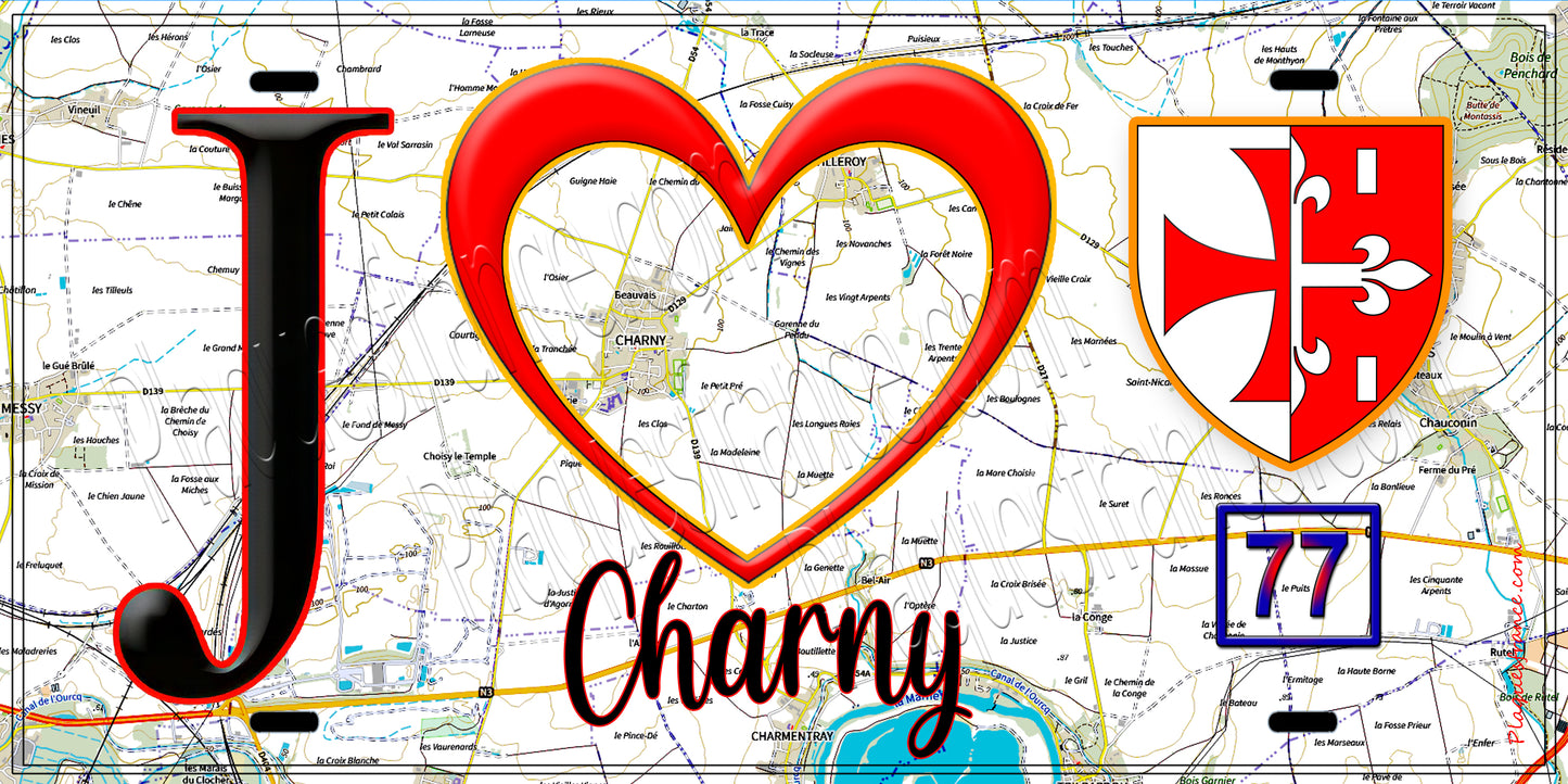Plaque métal décorative J' ❤️Charny, Seine et Marne (77) fond carte