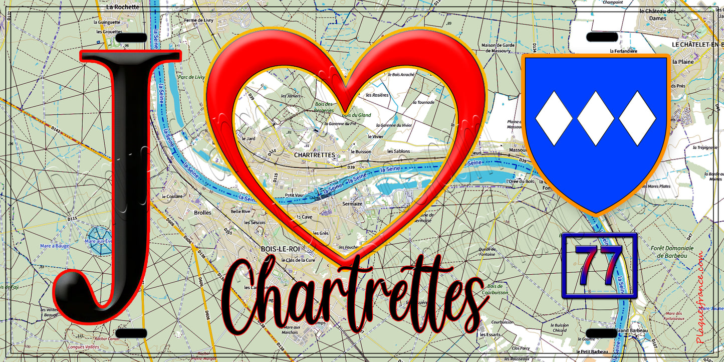 Plaque métal décorative J' ❤️Chartrettes, Seine et Marne (77) fond carte