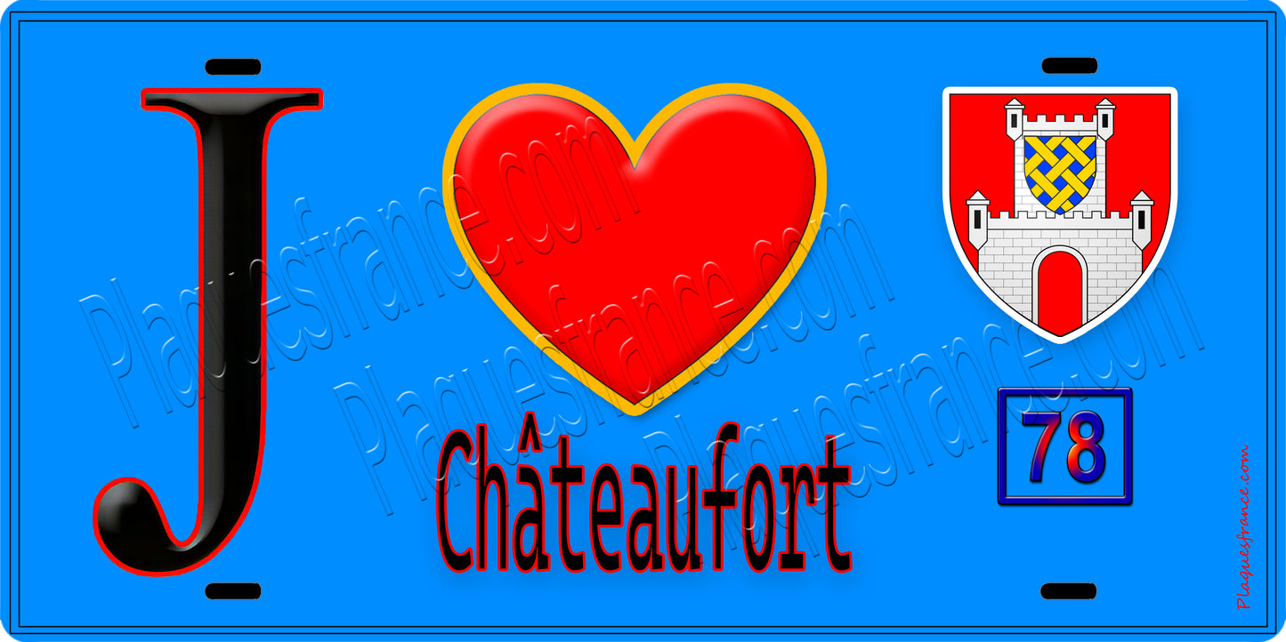 Plaque métal décorative J' ❤️ Châteaufort, Yvelines (78) fond bleu