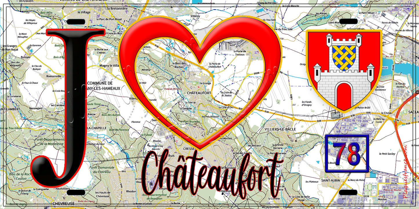 Plaque métal décorative J' ❤️ Châteaufort, Yvelines (78) fond carte