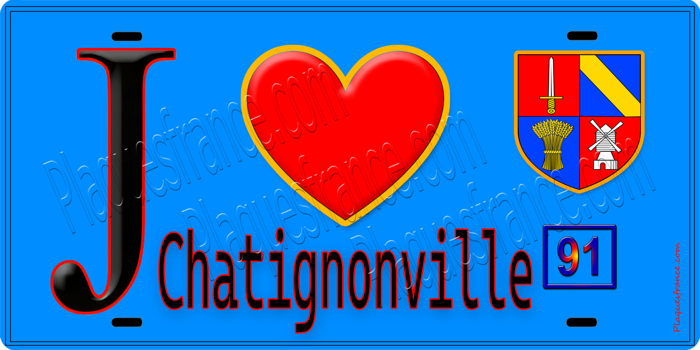 Plaque métal décorative J' ❤️Chatignonville, Essonne (91) fond bleu