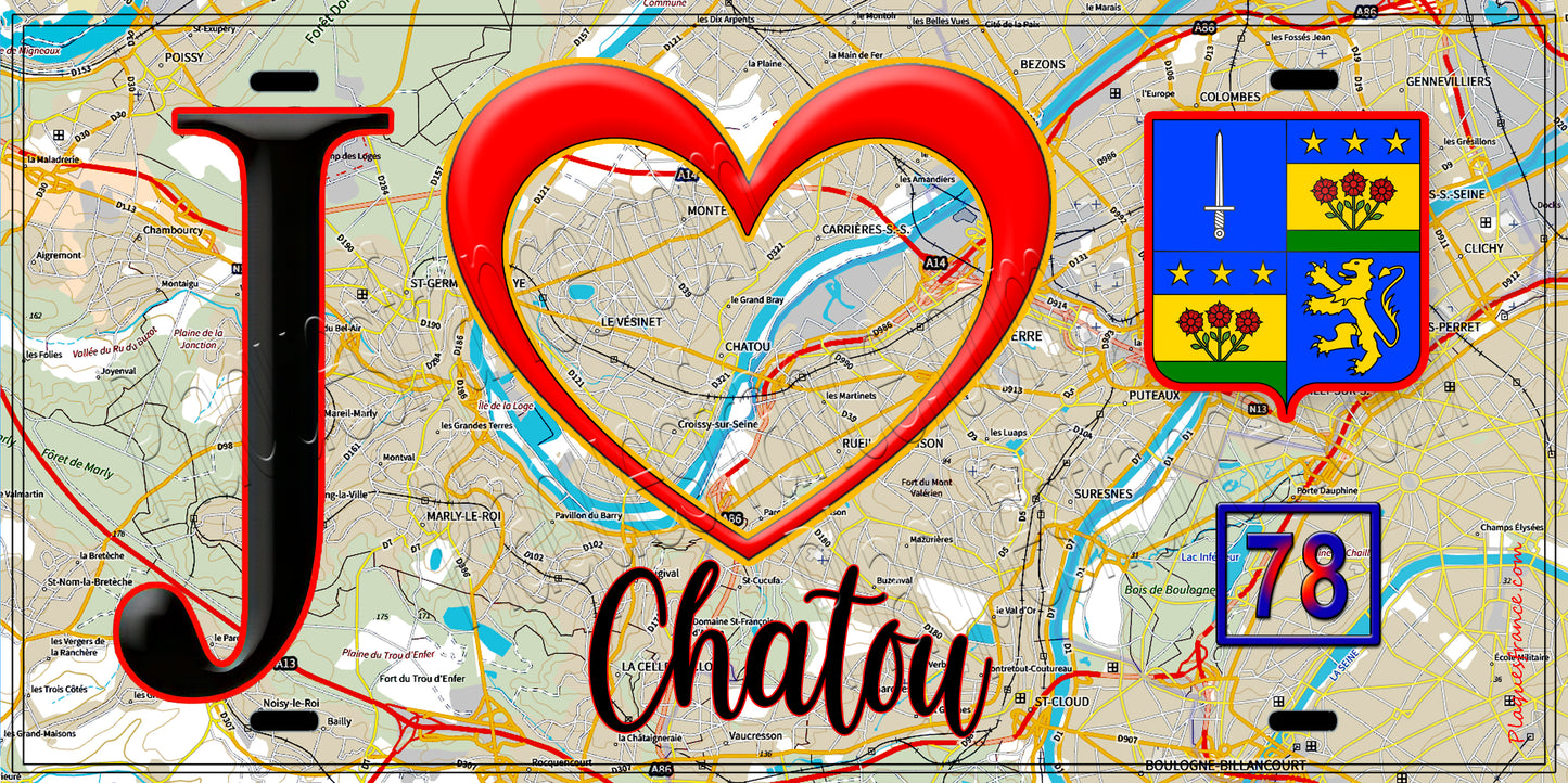 Plaque métal décorative J' ❤️ Chatou, Yvelines (78) fond cate