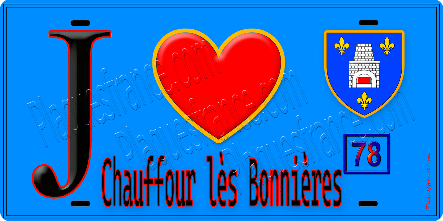 Plaque métal décorative J' ❤️ Chaufour-lès-Bonnières, Yvelines (78) fond bleu