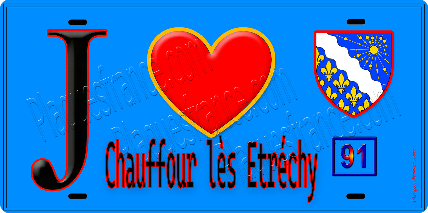 Plaque métal décorative J' ❤️Chauffour-lès-Étréchy, Essonne (91) fond bleu