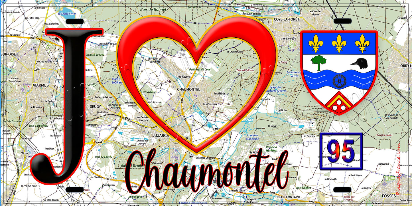 Plaque métal décorative J' ❤️Chaumontel, Val d'Oise (95) fond carte
