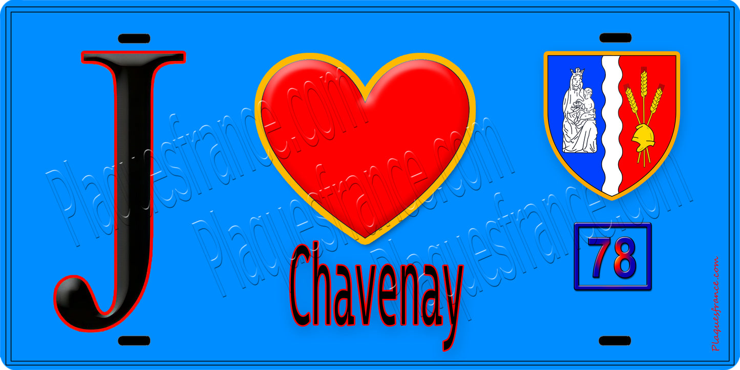 Plaque métal décorative J' ❤️ Chavenay, Yvelines (78) fond bleu