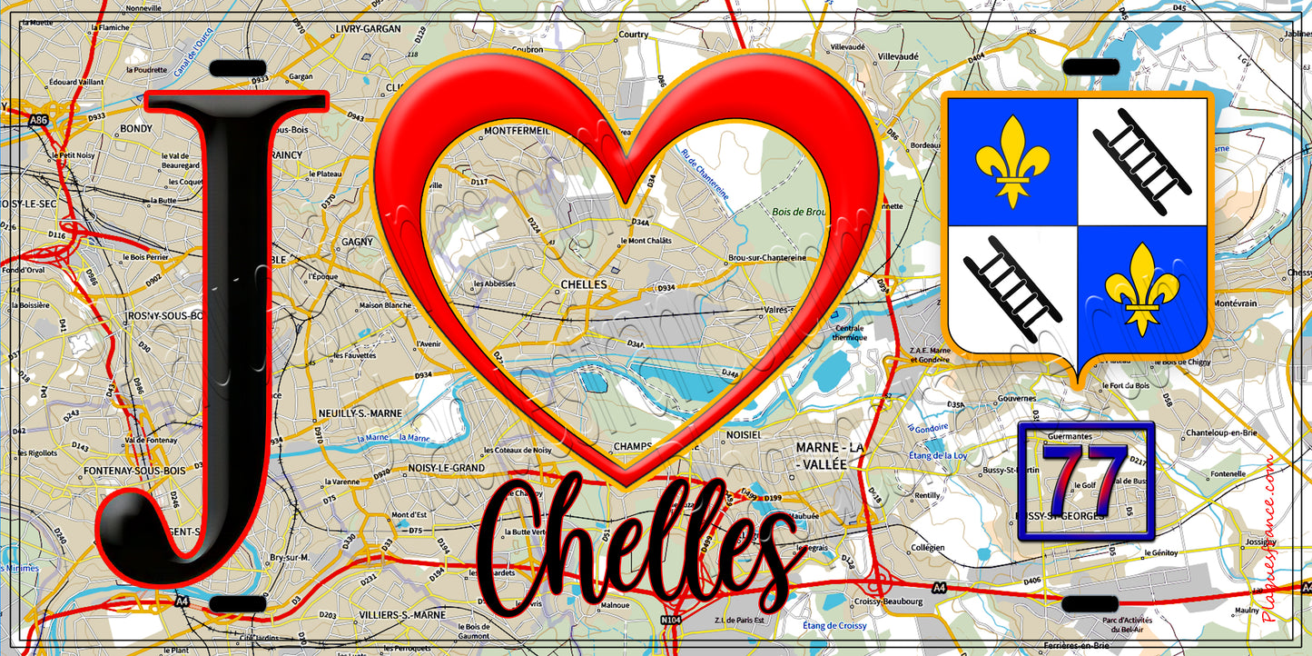 Plaque métal décorative J' ❤️Chelles, Seine et Marne (77) fond carte