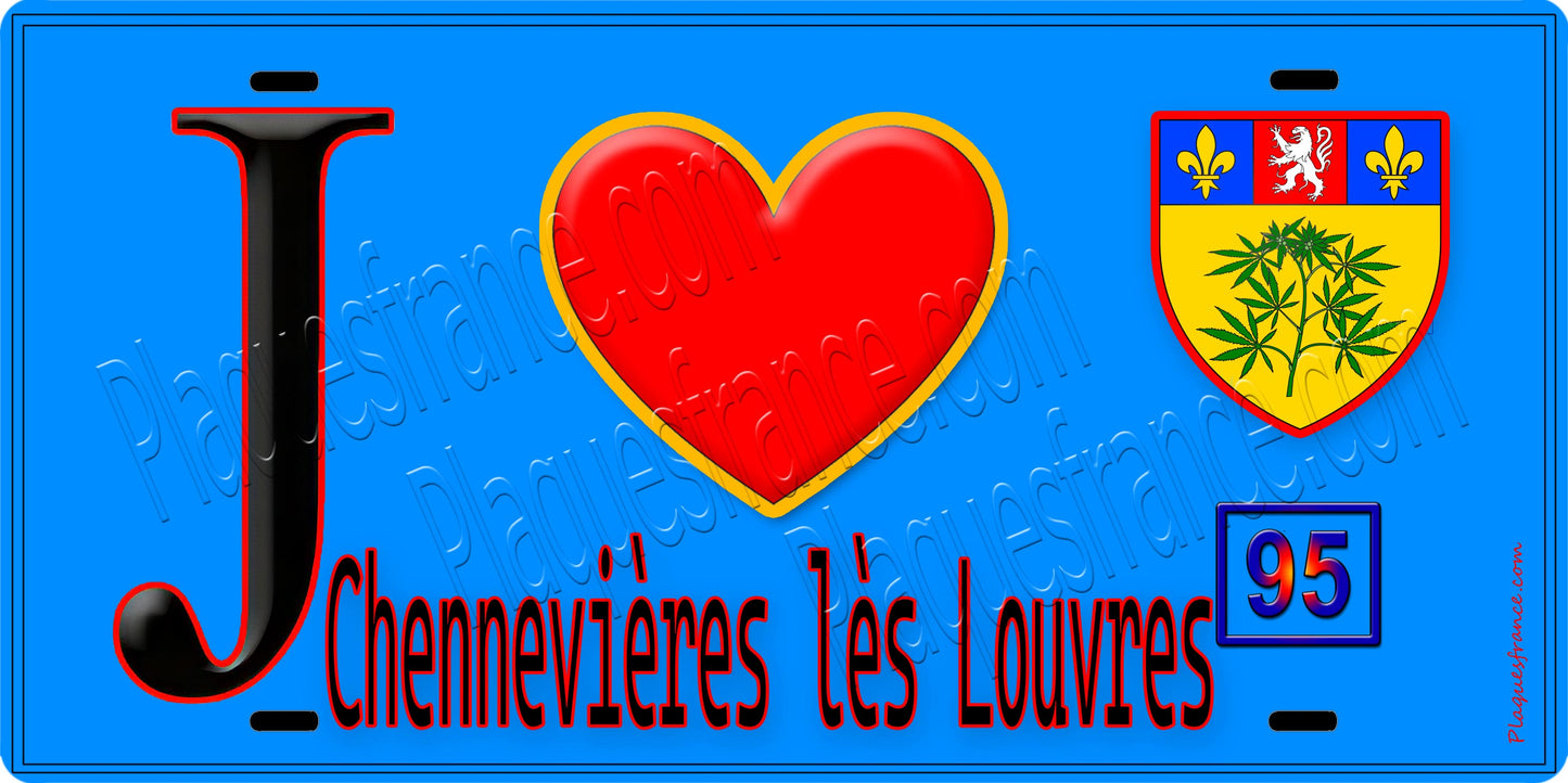 Plaque métal décorative J' ❤️Chennevières-lès-Louvres, Val d'Oise (95) fond bleu