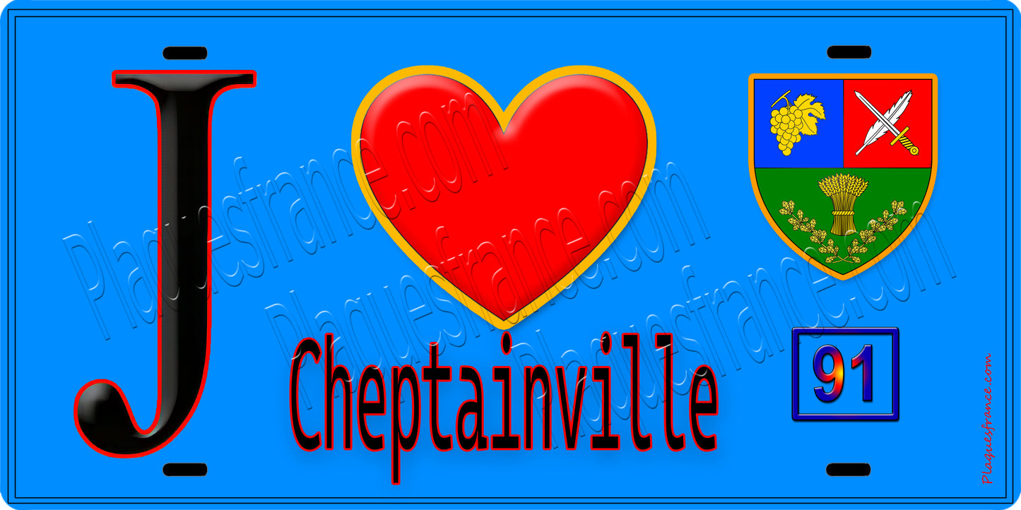 Plaque métal décorative J' ❤️Cheptainville, Essonne (91) fond bleu
