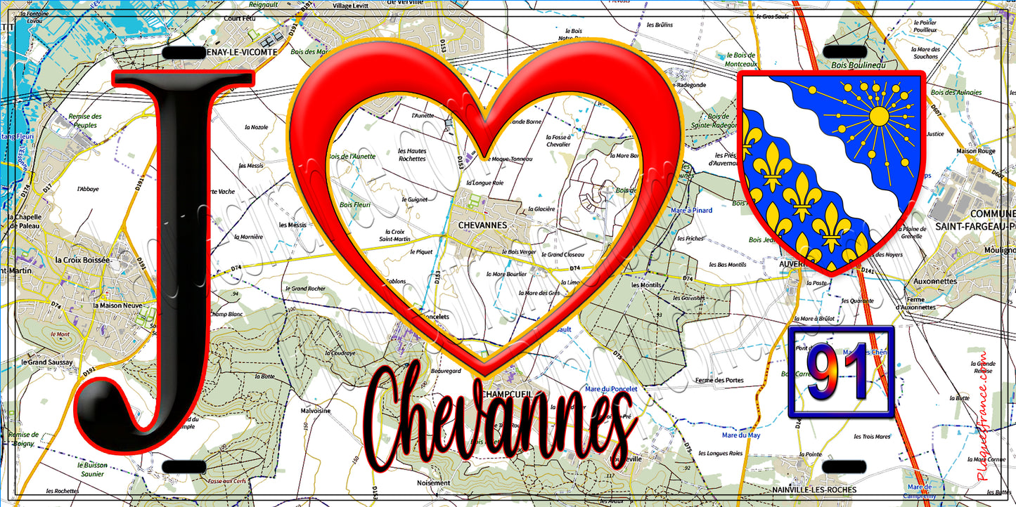 Plaque métal décorative J' ❤️Chevannes, Essonne (91) fond carte