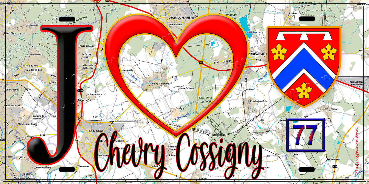 Plaque métal décorative J' ❤️Chevry-Cossigny, Seine et Marne (77) fond carte