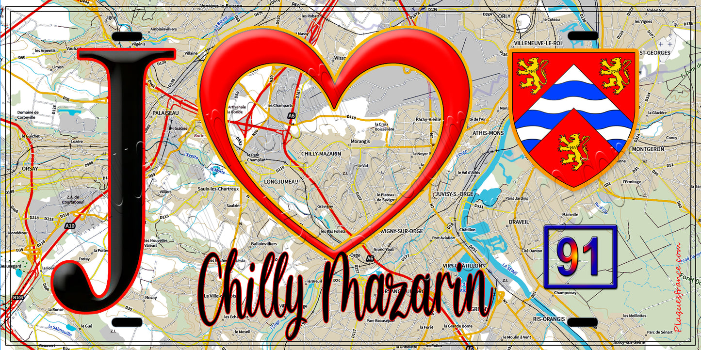 Plaque métal décorative J' ❤️Chilly-Mazarin, Essonne (91) fond carte