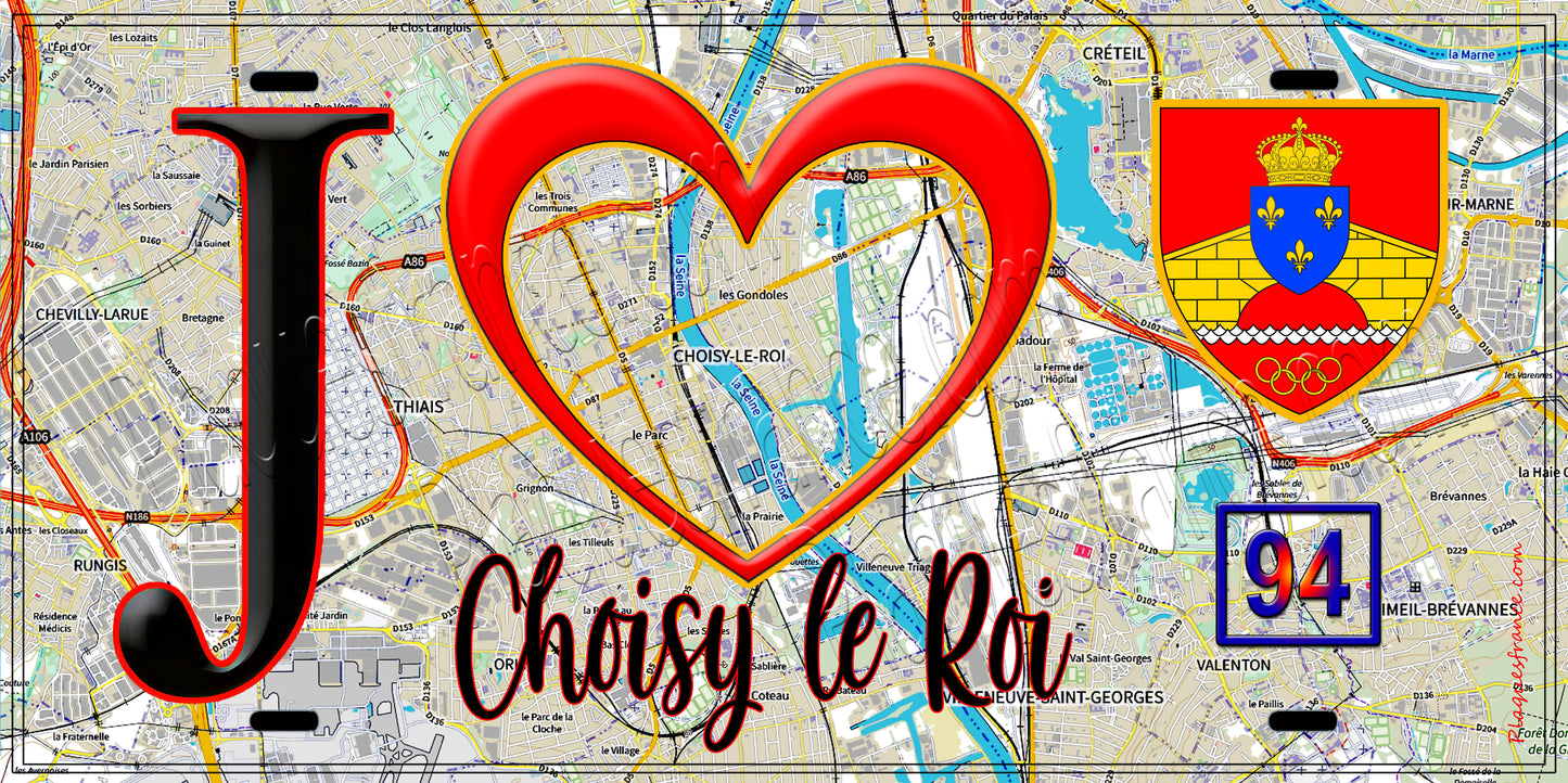Plaque métal décorative J' ❤️Choisy-le-Roi, Val de Marne (94) fond carte