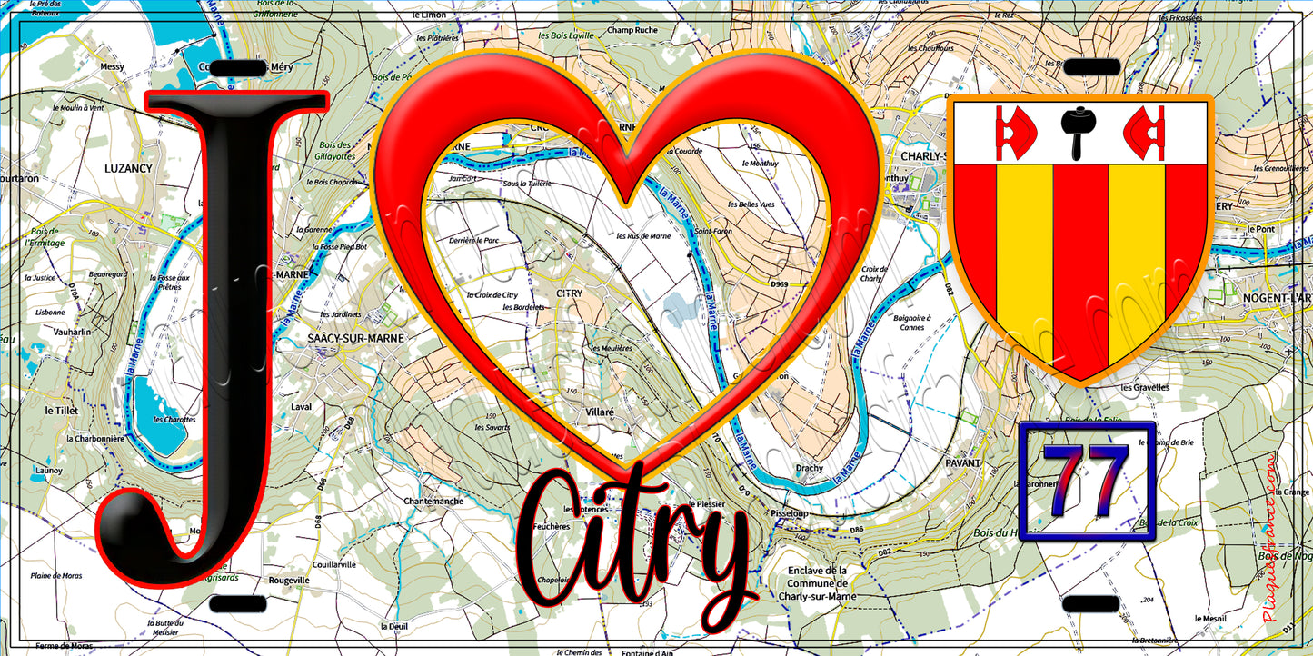 Plaque métal décorative J' ❤️Citry, Seine et Marne (77) fond carte