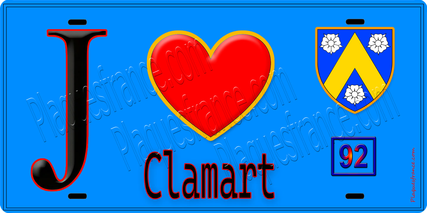 Plaque métal décorative J' ❤️ Clamart, Hauts de Seine (92) fond bleu