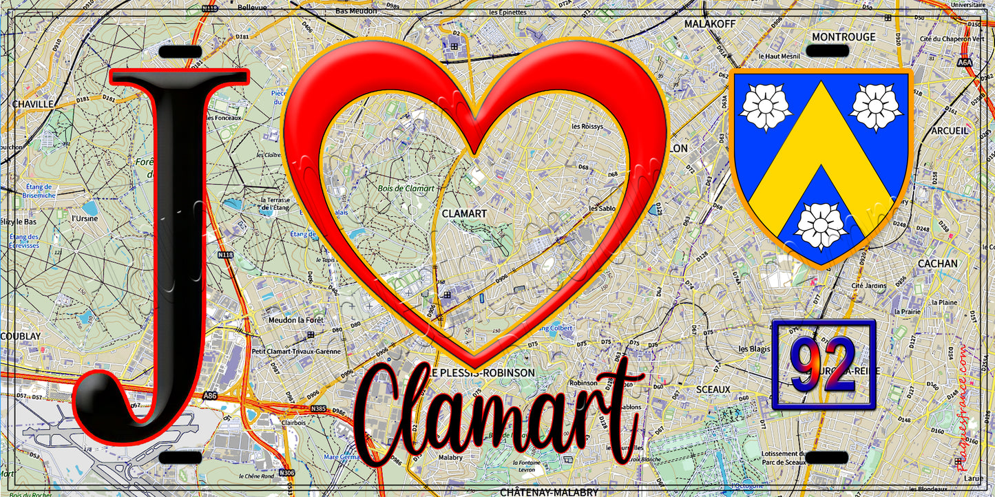 Plaque métal décorative J' ❤️ Clamart, Hauts de Seine (92) fond carte