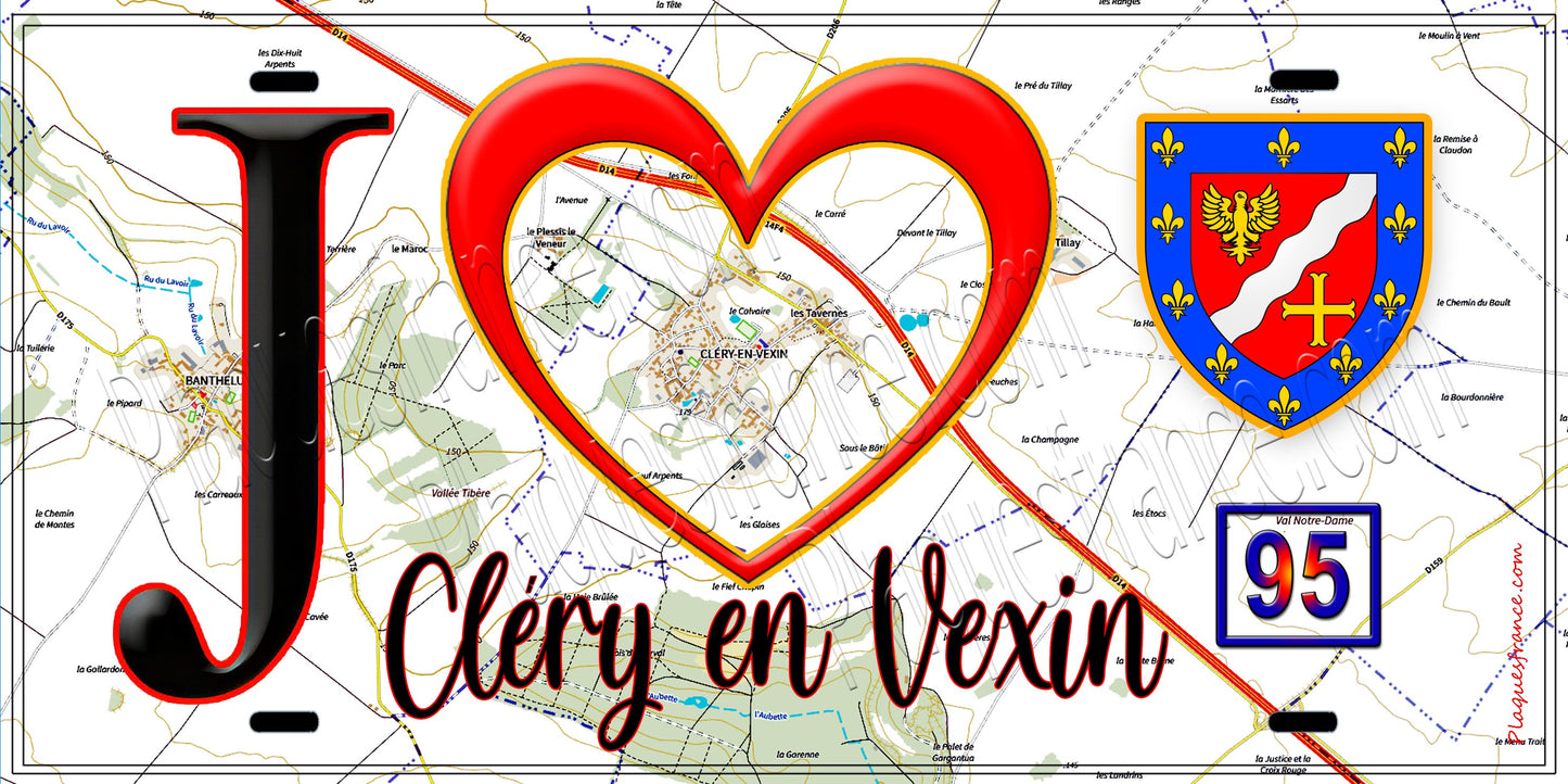 Plaque métal décorative J' ❤️Cléry-en-Vexin, Val d'Oise (95) fond carte