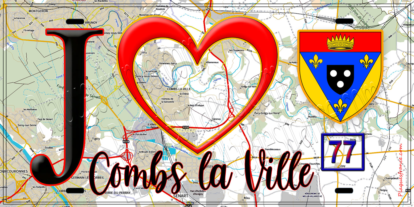 Plaque métal décorative J' ❤️Combs-la-Ville, Seine et Marne (77) fond carte