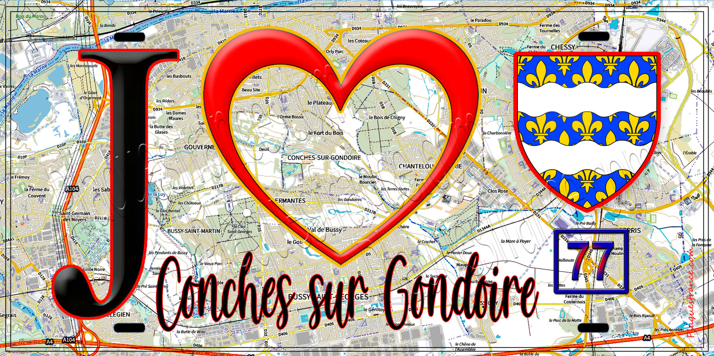 Plaque métal décorative J' ❤️Conches-sur-Gondoire, Seine et Marne (77) fond carte