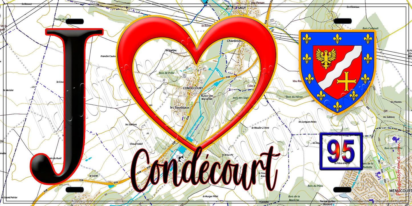 Plaque métal décorative J' ❤️Condécourt, Val d'Oise (95) fond carte